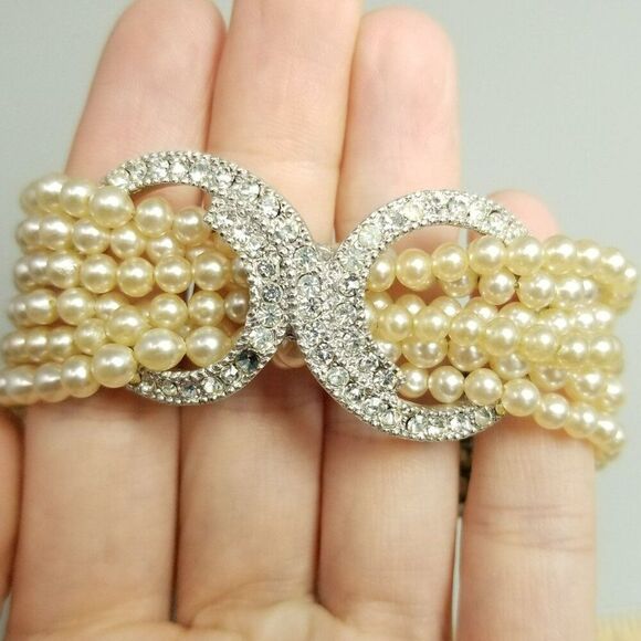 Vintage Six Strand Faux Pearl and Rhinestone Clasp Bracelet, Retro Fancy Formal - Picture 8 of 10